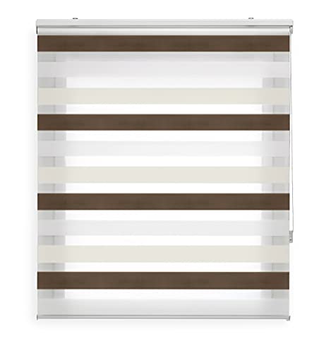 Blindecor Lira duo rollo tag und nacht , tricolor Creme, Braun, Weiß - 160 x 180 cm (Breite x Länge). Stoffgröße 157 x 175 cm. Doppelrollo für fenster von Blindecor