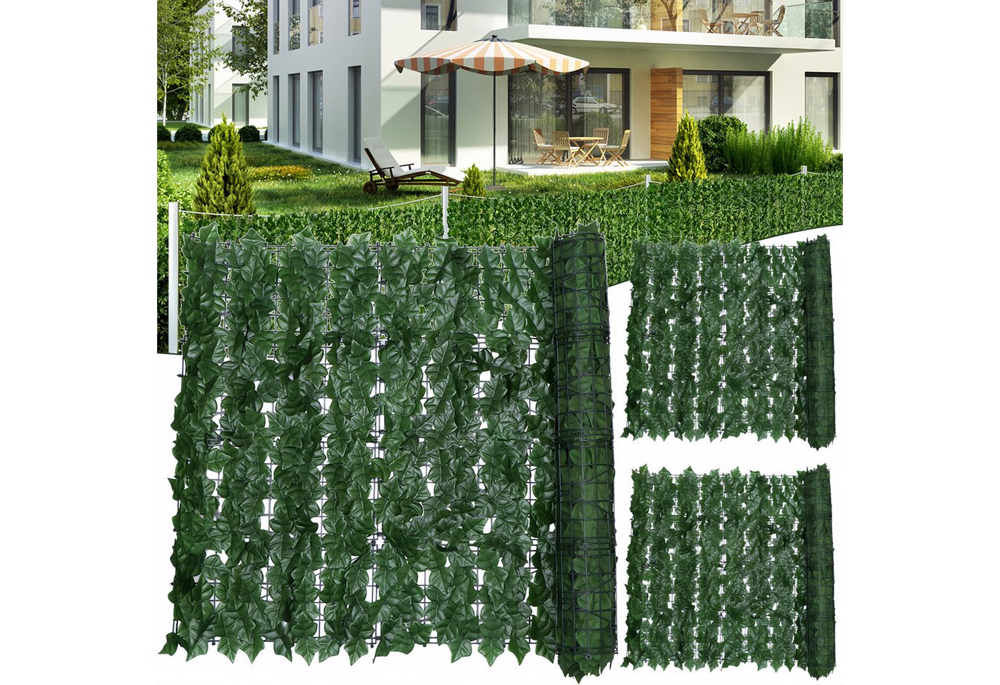 BlingBin Balkonsichtschutz Künstliche Heckenrolle Hecke Sichtschutz 1 x 3 m Grüne Blätter Hecke (1er Set, 3-St., 63 tlg) Outdoor Efeu Sichtschutz Balcony Privacy Screen mit 20 Kabelbindern von BlingBin