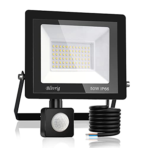 Blivrig LED Strahler mit Bewegungsmelder Außen 50W Kaltweiss, Fluter mit Bewegungssensor, Superhell 5000LM Aussenstrahler, IP66 Wasserdicht Scheinwerfer, für Garten, Garage (Kaltes Weiß, 50W) von Blivrig