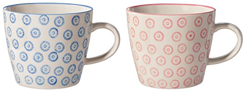 Bloomingville Tassen mit Henkel Isabella Retro Kaffeetasse Teetasse Vintage dickwandige ø 9,5 x H 8 cm, blau rosa, Keramik, 2er Set, fasst ca. 280 ml von Bloomingville