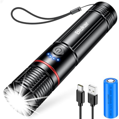 Blukar LED Taschenlampe Aufladbar, Extrem Hell Zoombare Mini Taschenlampe mit 5 Lichtmodi, Lange Laufzeit, Wasserdichtes Flashlight für Outdoor, Camping, Wandern, Notfäll usw. von Blukar