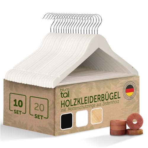 Blumtal Kleiderbügel Holz Weiß 10er Set - Holzbügel mit 360° drehbarem Metallhaken - Bügel aus Massivholz - Kleiderbügel Weiß Holz mit rutschfestem Hosensteg & Schulter-Einkerbungen/Weiße Kleiderbügel von Blumtal