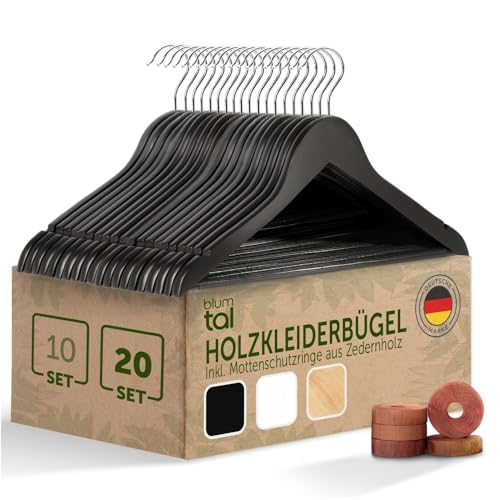 Blumtal Kleiderbügel Holz Schwarz 20er Set - Holzbügel mit 360° drehbarem Metallhaken - Bügel aus Massivholz - Schwarzer Kleiderbügel mit rutschfestem Hosensteg & Schulter-Einkerbungen - Coat Hanger von Blumtal