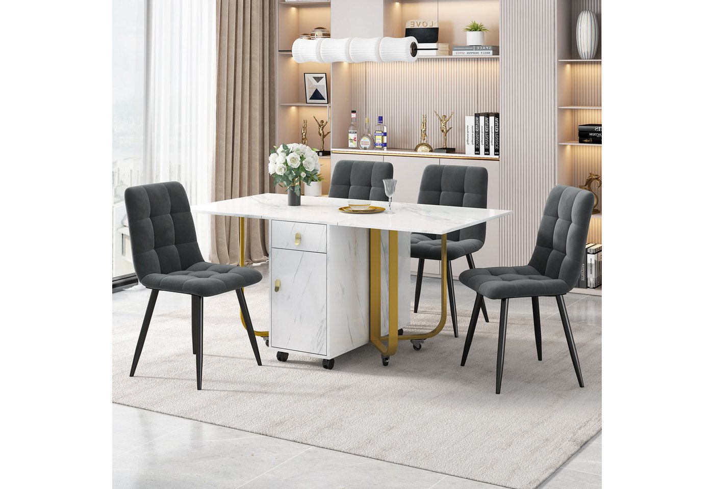 Blusmart Essgruppe Klappbarer Küchentisch Set, Samt Esszimmerstühle, (Polsterstuhl Design Stuhl mit Rückenlehne, 5-tlg., Weiße MDF-Tischplatte, goldene Beine), 150×80×76cm Esstisch mit 4 Stühlen von Blusmart