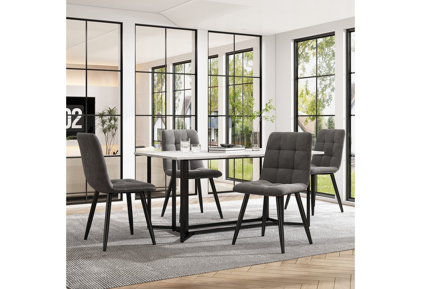 Blusmart Essgruppe Moderner Küchentisch Set,Esstisch mit 4 Stühlen Set, (140×80cm Küchentisch mit Schwarz Metallbeinen,Weißer MDF-Desktop, 5-tlg., Spleißen von Tischplatten), Samt Esszimmerstühle von Blusmart