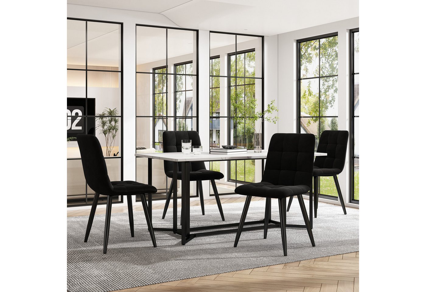 Blusmart Essgruppe Moderner Küchentisch Set,Esstisch mit 4 Stühlen Set, (140×80cm Küchentisch mit Schwarz Metallbeinen,Weißer MDF-Desktop, 5-tlg., Spleißen von Tischplatten), Samt Esszimmerstühle von Blusmart