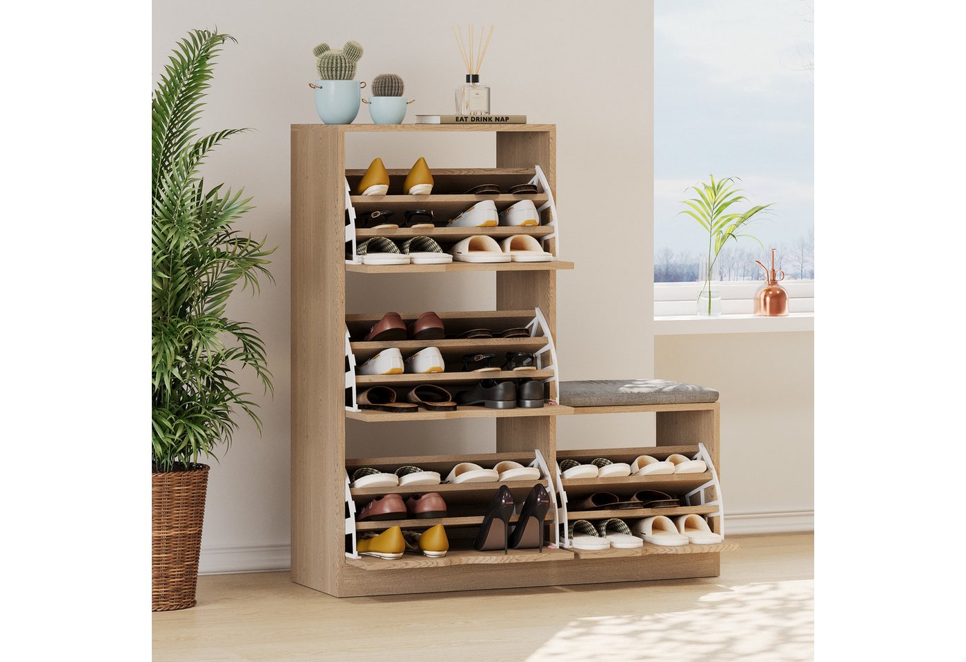 Blusmart Schuhschrank Schuhschrank mit 4 Klappen (Schuhkipper, Schuhkommode mit Sitzbank und weichen Sitzkissen, 1-St., grifflose Schuhschränke) B107/H119/T35 von Blusmart