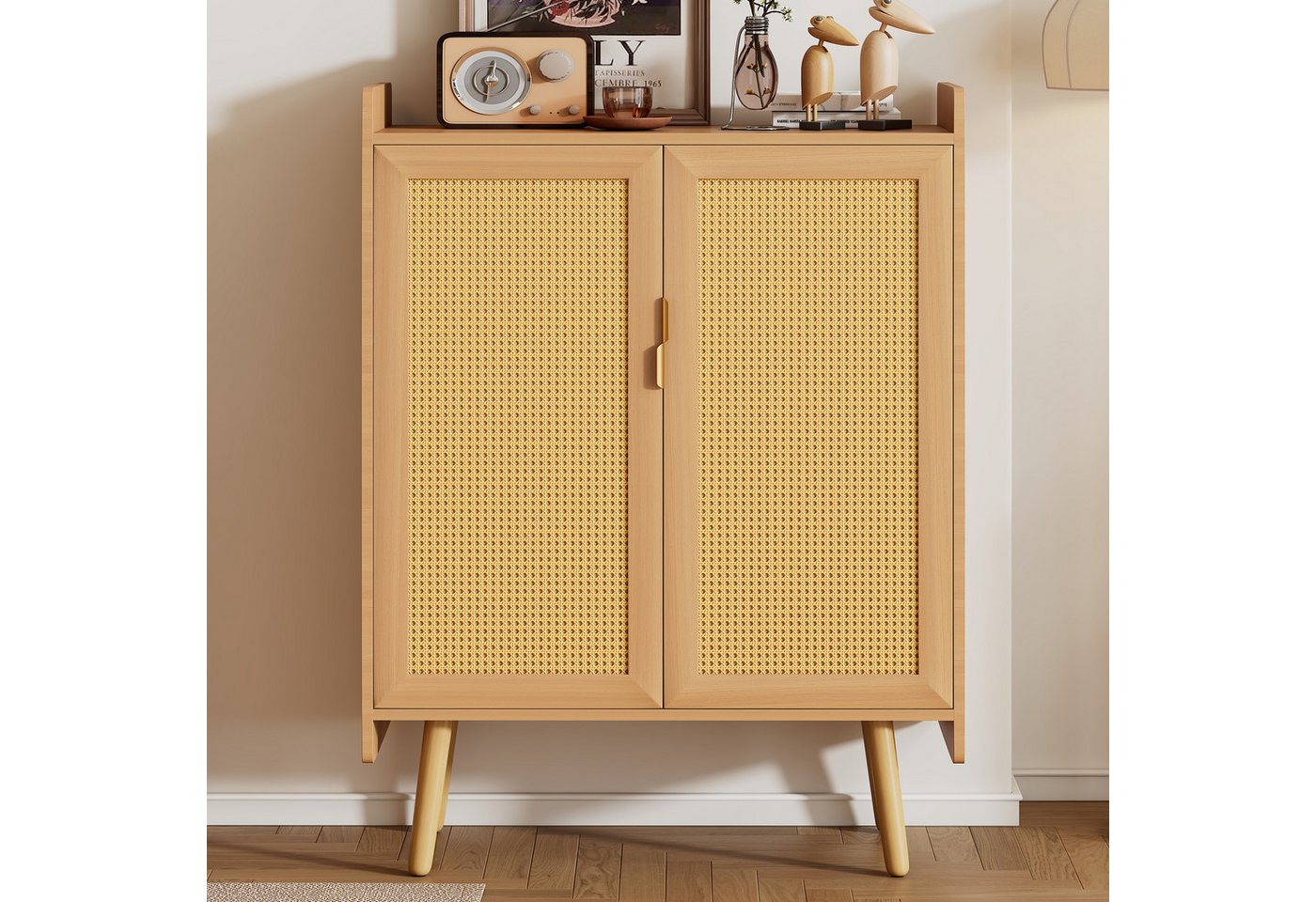 Blusmart Sideboard Sideboard-Kommode mit 2 Türen (verstellbaren Einlegeböden und geflochtenem Rattan-Design, 1 St., Schuhschrank mit Metallgriffen und Massivholzfüßen), B80/T35/H105,5 cm von Blusmart