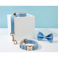 Denim Hundehalsband Leine Bow Full Set, Personalisiertes Stoffhalsband Mit Eingraviertem Namen von Bobocollar