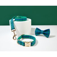 Grün Blau Karo Personalisiertes Hundehalsband Fliege Set, Für Jungen Hund, Hochzeit Hundehalsband, Welpe Halsband Und Leinenschleife, Uk von Bobocollar