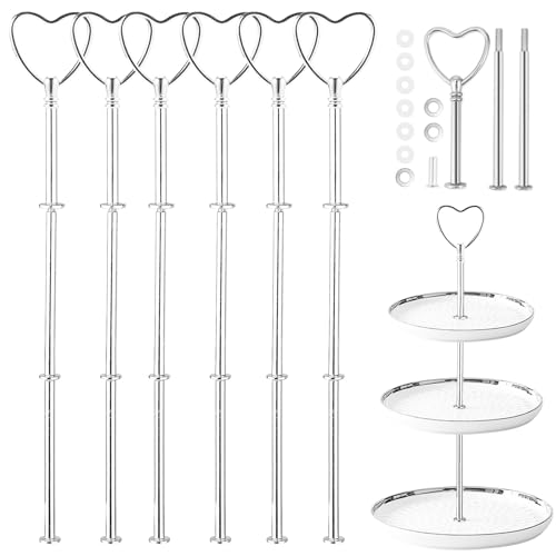 Bocguy 6 Pack Herzförmig Etageren Stangen Set Silber Vintage Metallstange Etageren Stangen Silber 6 Sets Etagere Bausatz für Geburtstag Hochzeitstorte Tortenständer 3 Etagen (Platte Nicht enthalten) von Bocguy