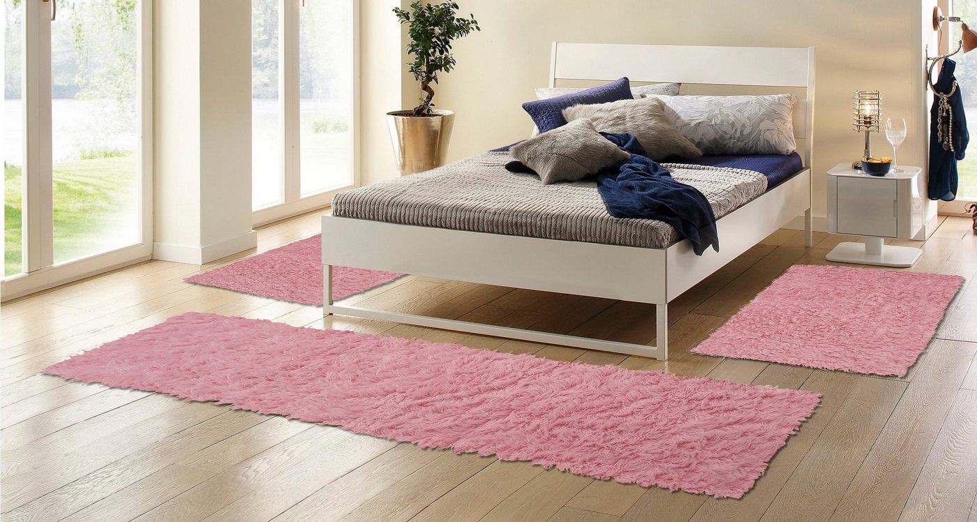 Bettumrandung Flokati 1500 g Böing Carpet, Höhe 60 mm, (3-tlg), Bettvorleger, Läufer-Set, Uni-Farben, reine Wolle, handgewebt von Böing Carpet