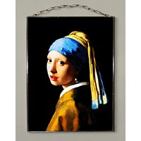 Johannes Vermeer - Mädchen Mit Perlenohrring, Glasmalerei Und Leinwand. | Leinwand 280 G/M² Matt Druck Im Jugendstil von Bohemiaimage