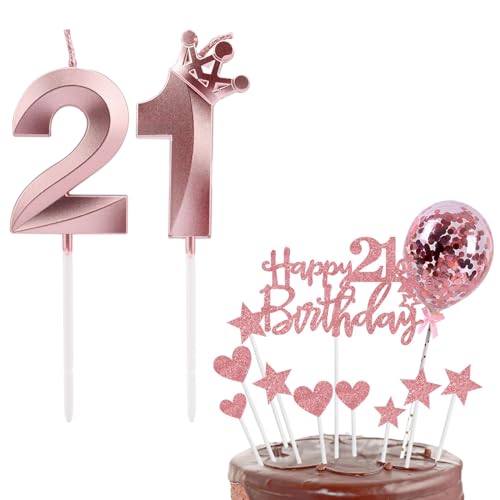 Bolosa Geburtstagskerzen Zahlen 21, 21 Geburtstag Deko, Kerzen Kuchen, Kerzen Geburtstag für Geburtstag Hochzeit Jahrestag Feier Zubehör (Roségold 21) von Bolosa