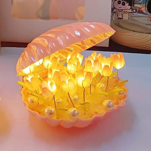 BomKra DIY Tulpe Nachtlicht Muschel Lampe mit Perle, Kristall Blume Schlafzimmer Schlafzimmer Tischlampe Kinder Mädchen Paar Freunde Geschenk Atmosphäre Dekoration Schreibtisch Ornament (Rosa) von BomKra