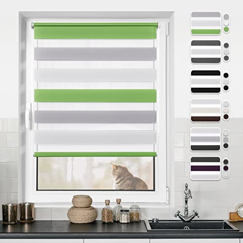 Doppelrollo Klemmfix ohne Bohren Grün-Grau-Weiß 105x120cm Rollos für Fenster ohne Bohren & mit Bohren Rollo Fensterrollo Klemmrollos Fensterrollo innen lichtdurchlässig & verdunkelnd von BondFree