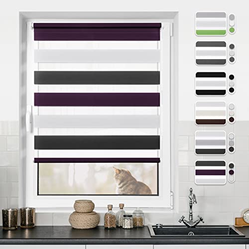 Doppelrollo Klemmfix ohne Bohren Weiß-Anthrazit-Lila 80x120cm Rollos für Fenster ohne Bohren & mit Bohren Rollo Fensterrollo Klemmrollos Fensterrollo innen lichtdurchlässig & verdunkelnd von BondFree