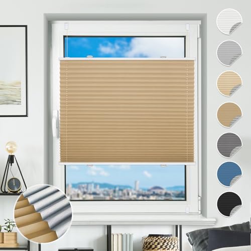 Plissee ohne Bohren Verdunkelung Plissees Klemmfix 35x110cm(BxH) Beige 100% Blickdicht Verdunklungsplissee Fensterrollo innen ohne Bohren Aluminium Rollos für Fenster & Tür von BondFree