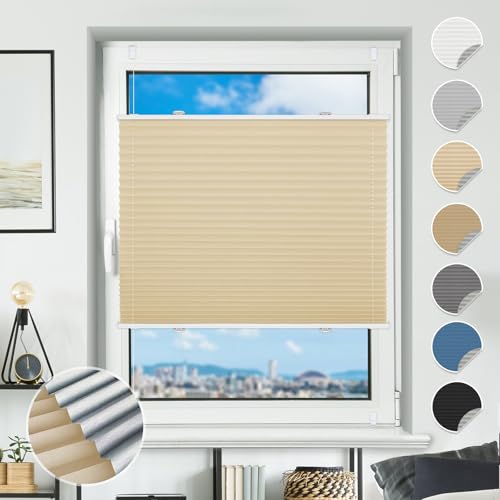 Plissee ohne Bohren Verdunkelung Plissees Klemmfix 70x130cm(BxH) Hellbeige 100% Blickdicht Verdunklungsplissee Fensterrollo innen ohne Bohren Aluminium Rollos für Fenster & Tür von BondFree