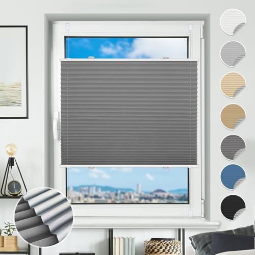 Plissee ohne Bohren Verdunkelung Plissees Klemmfix 110x120cm(BxH) Grau 100% Blickdicht Verdunklungsplissee Fensterrollo innen ohne Bohren Aluminium Rollos für Fenster & Tür von BondFree