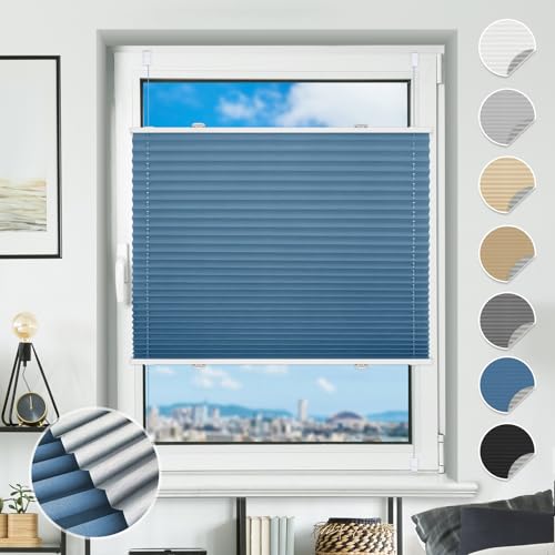 Plissee ohne Bohren Verdunkelung Plissees Klemmfix 85x110cm(BxH) Blau 100% Blickdicht Verdunklungsplissee Fensterrollo innen ohne Bohren Aluminium Rollos für Fenster & Tür von BondFree