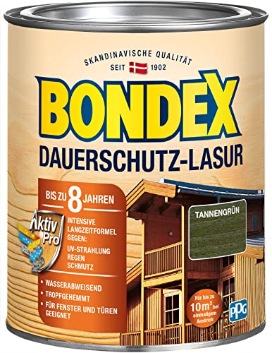 Bondex Dauerschutz Lasur Tannengrün 0,75 L für 10 m² | Hoher Wetter- und UV-Schutz bis zu 8 Jahre | Tropfgehemmt | Natürliches Abwittern - kein Abplatzen | Dauerschutzlasur| Holzlasur von Bondex