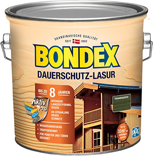 Bondex Dauerschutz Lasur Tannengrün 2,5 L für 32 m² | Hoher Wetter- und UV-Schutz bis zu 8 Jahre | Tropfgehemmt | Natürliches Abwittern - kein Abplatzen | Dauerschutzlasur| Holzlasur von Bondex