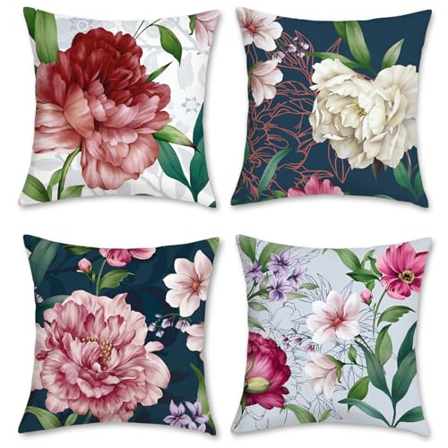 Bonhause 4er Set Kissenbezüge Blumen 45 x 45 cm Pfingstrosen Rosa und Weiß Samt Soft Dekorative Kissenhülle Zierkissenbezüge für Sofa Schlafzimmer Wohnzimmer Auto Zuhause Dekoration von Bonhause