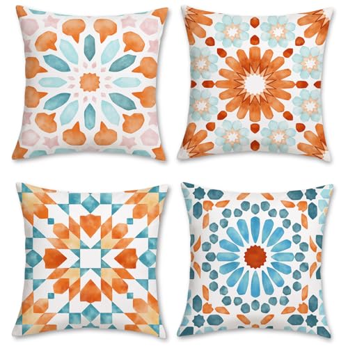 Bonhause 4er Set Kissenbezüge Boho Blume 45 x 45 cm Samt Soft Mandala Orange Blau Dekorative Kissenhülle Sommer Zierkissenbezüge für Sofa Schlafzimmer Wohnzimmer Auto Zuhause Dekoration von Bonhause