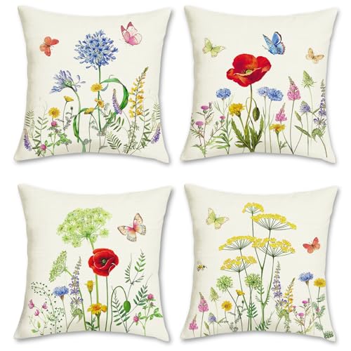 Bonhause 4er Set Kissenbezüge Blumen 45 x 45 cm Doppelseitig Schmetterling Garten Polyester Leinen Dekorative Kissenhülle Zierkissenbezüge für Sofa Wohnzimmer Zuhause Sommer Outdoor Dekoration von Bonhause