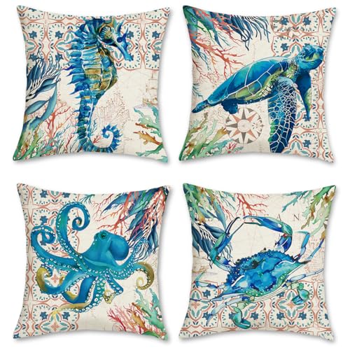 Bonhause 4er Set Kissenbezüge Ozean Nautisch 45 x 45 cm Seeschildkröte Seepferdchen Oktopus Krabbe Polyester Leinen Dekorative Kissenhülle Zierkissenbezüge für Sofa Auto Zuhause Dekoration von Bonhause