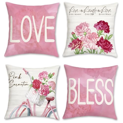 Bonhause 4er Set Kissenbezüge Blumen Rosa 45 x 45 cm Rosa Nelke Samt Soft Dekorative Kissenhülle Zierkissenbezüge für Sofa Schlafzimmer Wohnzimmer Zuhause Dekoration von Bonhause