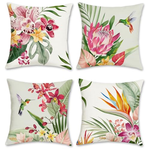 Bonhause 4er Set Kissenbezüge Blumen Tropische 45 x 45 cm Blume Blätter Outdoor Polyester Leinen Dekorative Kissenhülle Zierkissenbezüge für Sofa Garten Outdoor Zuhause Dekoration von Bonhause