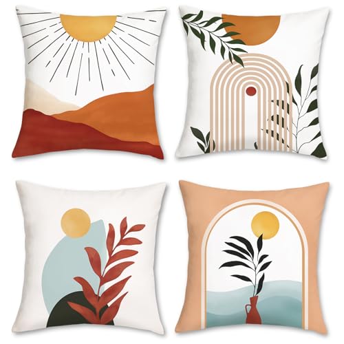 Bonhause 4er Set Kissenbezüge Boho Abstrakt 45 x 45 cm Sonne Bogen Blätter Samt Soft Dekorative Kissenhülle Modern Minimalistisch Zierkissenbezüge für Garten Outdoor Wohnzimmer Zuhause Dekoration von Bonhause