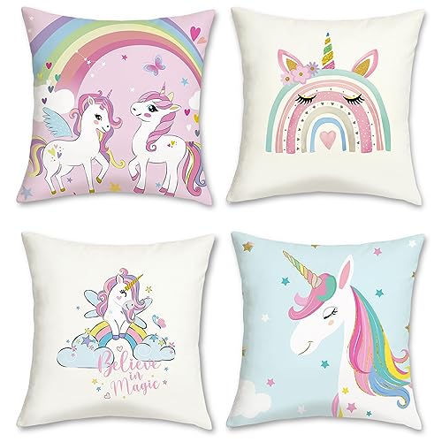 Bonhause 4er Set Kissenbezüge Einhorn 45 x 45 cm Regenbogen Blau Rosa Samt Soft Dekorative Kissenhülle Zierkissenbezüge für Sofa Wohnzimmer Babyzimmer Kinderzimmer Zuhause Dekoration von Bonhause