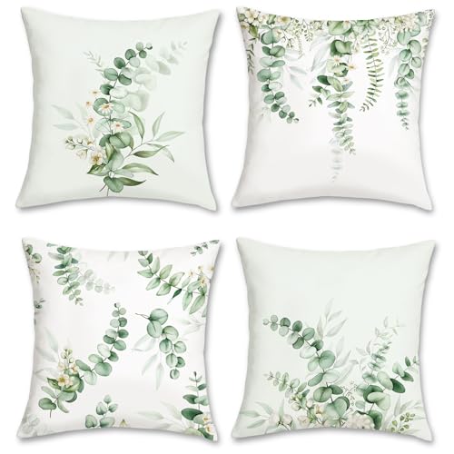 Bonhause 4er Set Kissenbezüge Eukalyptus Blätter 45 x 45 cm Salbeigrüne Blätter Weiße Blumen Dekorative Kissenhülle Zierkissenbezüge für Sofa Schlafzimmer Zuhause Garten Dekoration von Bonhause