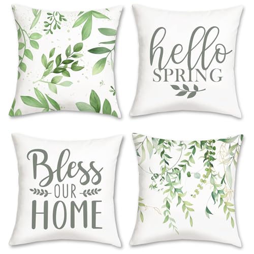 Bonhause 4er Set Kissenbezüge Frühling Blätter 45 x 45 cm Grün Pflanze Samt Soft Dekorative Kissenhülle Zierkissenbezüge für Sofa Schlafzimmer Wohnzimmer Zuhause Dekoration von Bonhause