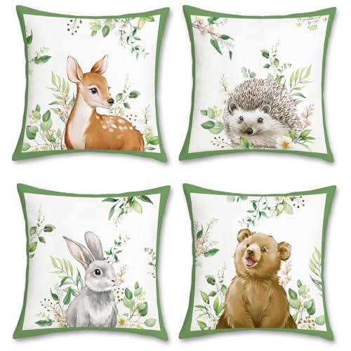 Bonhause 4er Set Kissenbezüge Waldtier 45 x 45 cm Hirsch Hase Bär Grüne Blätter Dekorative Kissenhülle Zierkissenbezüge für Sofa Garten Kinder Baby Kinderzimmer Dekoration von Bonhause