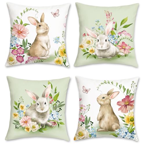 Bonhause 4er Set Kissenbezüge Hase 45 x 45 cm Kaninchen Blumen Samt Soft Dekorative Kissenhülle Grün Zierkissenbezüge für Sofa Schlafzimmer Wohnzimmer Garten Zuhause Dekoration von Bonhause