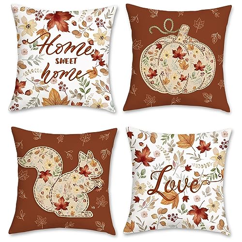 Bonhause 4er Set Kissenbezüge Blumen Blätter 45 x 45 cm Kürbis Eichhörnchen Samt Soft Dekorative Kissenhülle Zierkissenbezüge für Sofa Schlafzimmer Wohnzimmer Zuhause Dekoration von Bonhause