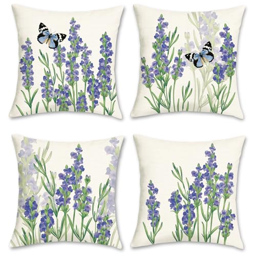 Bonhause 4er Set Kissenbezüge Lila Blumen 45 x 45 cm Polyester Leinen Dekorative Kissenhülle Zierkissenbezüge für Sofa Schlafzimmer Wohnzimmer Auto Zuhause Dekoration von Bonhause