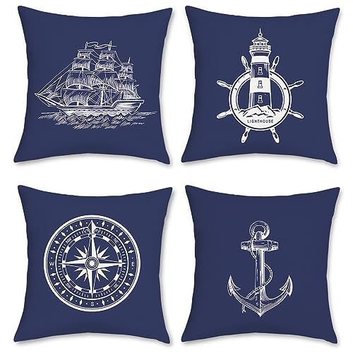 Bonhause 4er Set Kissenbezüge Nautisch Maritim 50 x 50 cm Doppelseitig Anker Kompass Segelboot Polyester Leinen Dekorative Kissenhülle Zierkissenbezüge für Sofa Wohnzimmer Zuhause Dekoration von Bonhause