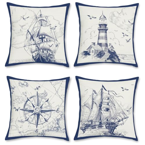 Bonhause 4er Set Kissenbezüge Nautisch Segelboot Kompass 45 x 45 cm Polyester Leinen Dekorative Marineblau Kissenhülle Zierkissenbezüge für Sofa Schlafzimmer Wohnzimmer Zuhause Dekoration von Bonhause