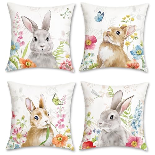 Bonhause 4er Set Kissenbezüge Blumen Hase 45 x 45 cm Grau Braun Kaninchen Blume Dekorative Kissenhülle Zierkissenbezüge für Sofa Schlafzimmer Zuhause Garten Dekoration von Bonhause