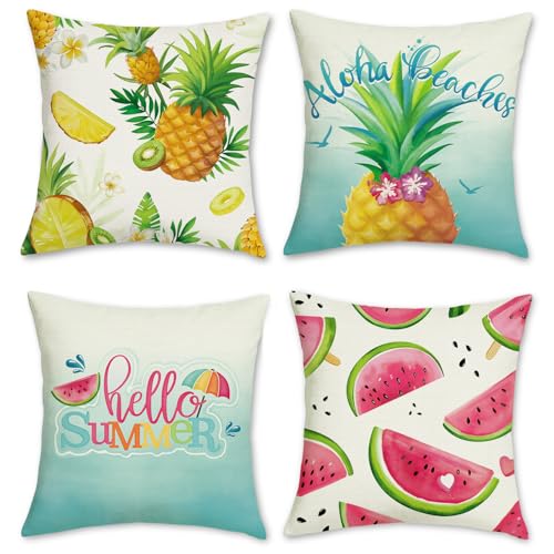 Bonhause 4er Set Kissenbezüge Sommer Früchte 45 x 45 cm Wassermelone Ananas Polyester Leinen Dekorative Kissenhülle Zierkissenbezüge für Sofa Zuhause Patio Outdoor Dekoration von Bonhause