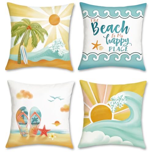 Bonhause 4er Set Kissenbezüge Sommer Strand 45 x 45 cm Ozean Sonne Küste Palme Dekorative Kissenhülle Zierkissenbezüge für Sofa Schlafzimmer Zuhause Patio Dekoration von Bonhause