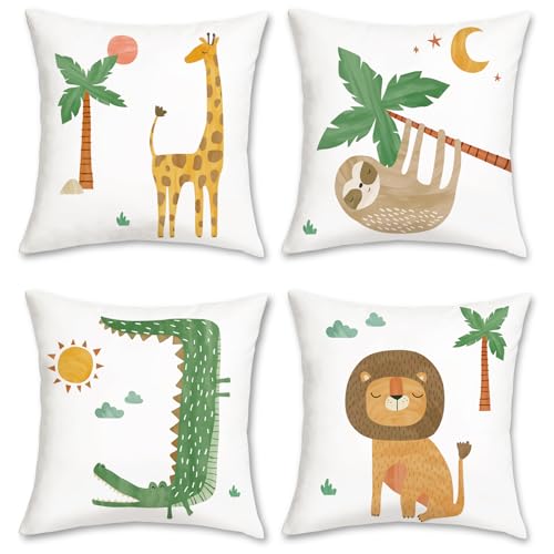 Bonhause 4er Set Kissenbezüge Tiere Dschungel 45 x 45 cm Giraffe Löwe Krokodil Faultier Samt Soft Dekorative Kissenhülle Zierkissenbezüge für Kinderbett Babyzimmer Dekoration von Bonhause