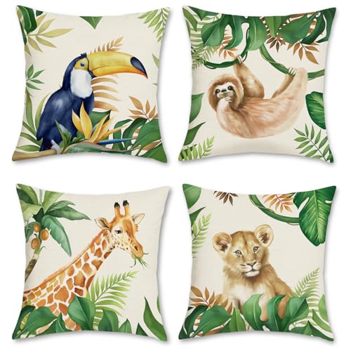 Bonhause 4er Set Kissenbezüge Tiere Dschungel 45 x 45 cm Löwe Giraffe Tukan Faultier Tropisch Outdoor Polyester Leinen Dekorative Kissenhülle Zierkissenbezüge für Kinderbett Babyzimmer Dekoration von Bonhause