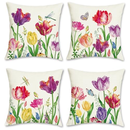 Bonhause 4er Set Kissenbezüge Blumen Garten 45 x 45 cm Polyester Leinen Lila Dekorative Kissenhülle Zierkissenbezüge für Sofa Schlafzimmer Wohnzimmer Zuhause Outdoor Dekoration von Bonhause