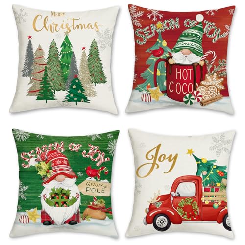 Bonhause 4er Set Kissenbezüge Weihnachten Gnom 45 x 45 cm Frohe Weihnachten Baum Roter LKW Polyester Leinen Dekorative Kissenhülle Zierkissenbezüge für Sofa Winter Xmas Dekoration von Bonhause